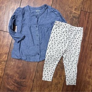 Carters 2 piece set-denim baby doll long sleeve-cream/navy flower pant 12 month
